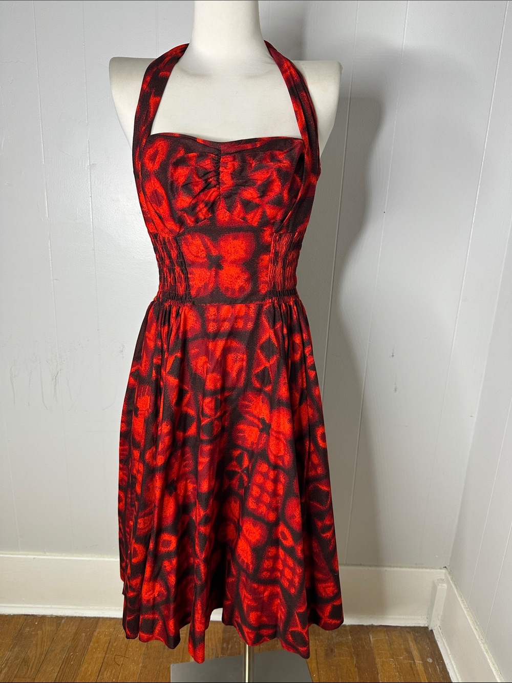 Vintage 1950s Hawaiian Kamehameha Floral Smocked Halter Dress
